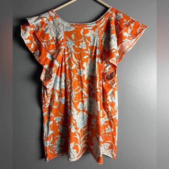 Maeve by Anthropologie Catie Ruffle Sleeve Floral Tee Orange XS 17" PTP - Picture 2 of 4